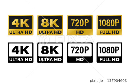 4K・8K・1080P・720Pの解像度アイコンセット 画質表示ラベルのフラットベクター素材 4K・8K・1080P・720Pの解像度アイコンセット 画質表示ラベルのフラットベクター素材 137904608