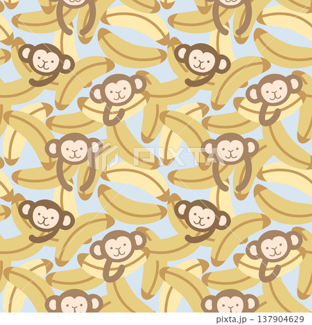 seamless minimal Cute monkey with banana, Pastel Nursery repeat pattern background, flat jpg illustration graphic design 137904629