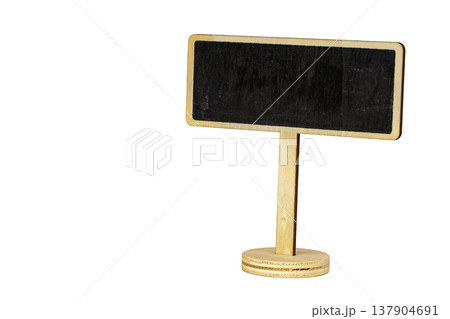 Blank Miniature Wooden Blackboard Chalk Handwritten Sign Mounted on Circular Pedestal Stand Isolated on Clean White Background Offering Generous Empty Copy Space for Custom Messages and Labels 137904691