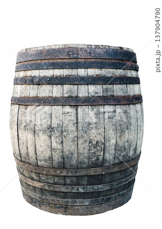 Old traditional oak barrel for wine aging isolated on a white background. Isolated object photography of an aged wooden cask used for whiskey, bourbon, or beer storage in a cellar. 137904790