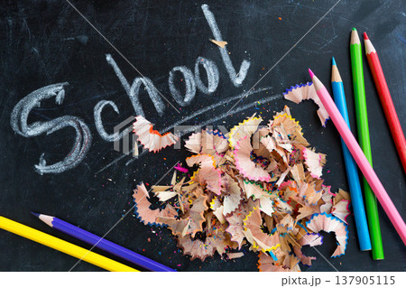 Blackboard with pencils and chips Blackboard with pencils and chips 137905115