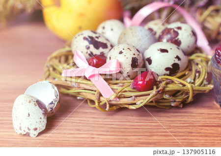 spring composition, nest with eggs near the bunch of heather, Easter. spring composition, nest with eggs near the bunch of heather, Easter. 137905116