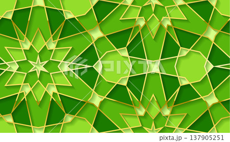 Green and gold islamic geometric star pattern background with 3d layered arabesque shapes 137905251
