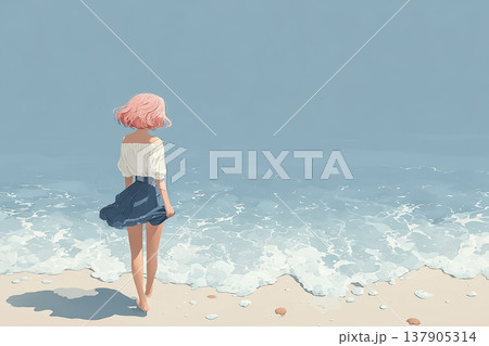 絵美シリーズ：海辺にたたずむピンク髪の若い女性 絵美シリーズの夏イラスト素材 137905314