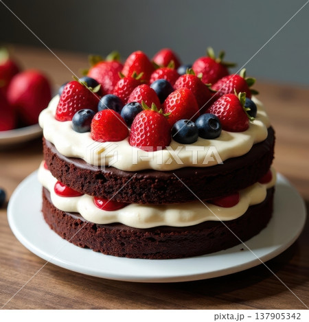 Chocolate layered cake filled with smooth cream and decorated with fresh berries, including strawberries and blueberries, displayed on a white plate on a neutral background. 137905342