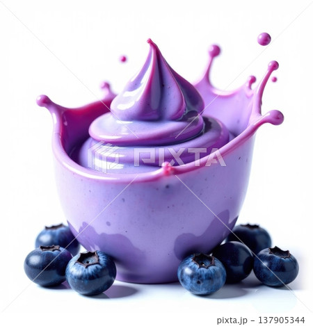 Smooth purple yogurt in a cup with fresh blueberries and a dynamic splash effect. Smooth purple yogurt in a cup with fresh blueberries and a dynamic splash effect. 137905344