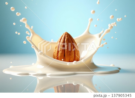 An almond splashes into a pool of milk, creating a dynamic splash effect. The background is a soft blue, enhancing the freshness of the scene. 137905345
