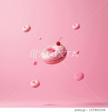 A pink donut with sprinkles and a cherry on top floats in a pink background. Surrounding it are smaller pink donuts, creating a whimsical dessert scene. 137905349