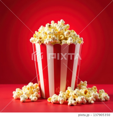 Tasty popcorn in a paper container isolated on a red background. Symbol of cinema, fun, and casual snacking. 137905350