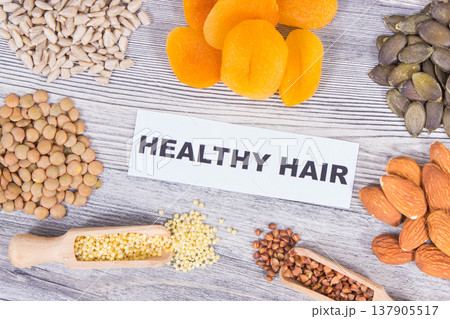 Fresh healthy eating containing various vitamins or minerals. Hair in good condition Fresh healthy eating containing various vitamins or minerals. Hair in good condition 137905517