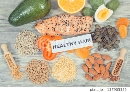 Various nutritious products or ingredients containing vitamins and minerals for healthy hair Various nutritious products or ingredients containing vitamins and minerals for healthy hair 137905523