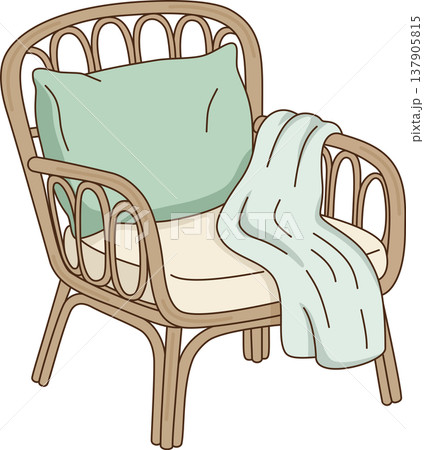 Cozy Rattan Armchair with Pillow and Blanket Illustration, Minimalist Wicker Chair Home Decor, Flat Design Furniture for Relaxation Concept 137905815