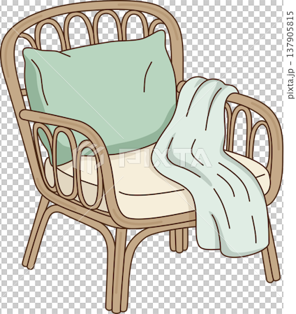 Cozy Rattan Armchair with Pillow and Blanket Illustration, Minimalist Wicker Chair Home Decor, Flat Design Furniture for Relaxation Concept 137905815