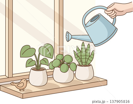 Minimalist Illustration of Hand Watering Potted Houseplants on a Sunny Windowsill with a Decorative Bird 137905816