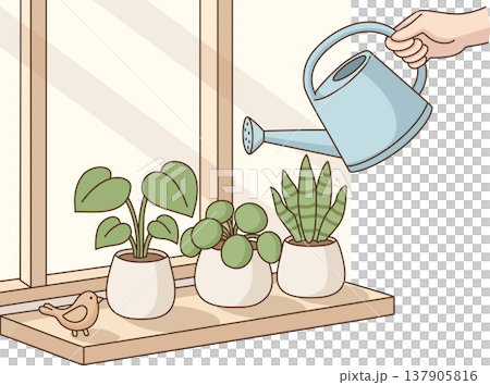 Minimalist Illustration of Hand Watering Potted Houseplants on a Sunny Windowsill with a Decorative Bird Minimalist Illustration of Hand Watering Potted Houseplants on a Sunny Windowsill with a Decorative Bird 137905816