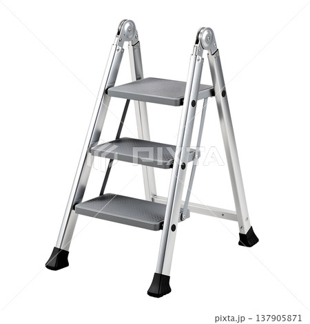 Lightweight folding aluminum three-step ladder, isolated. Perfect for home improvement, diy projects, and household equipment catalogs 137905871