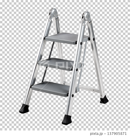 Lightweight folding aluminum three-step ladder, isolated. Perfect for home improvement, diy projects, and household equipment catalogs 137905871