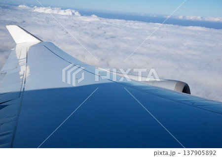 Frankfurt, Germany, 03 November 2017: Airplane wing and engine above the clouds Frankfurt, Germany, 03 November 2017: Airplane wing and engine above the clouds 137905892