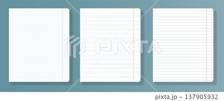 Set of 3 school notebook paper sheets 5mm grid, narrow ruled with slanted lines, and wide ruled template. Vector school stationery mockup 137905932