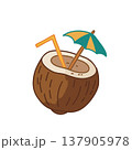 Coconut drink with straw and umbrella, tropical beach cocktail illustration 137905978