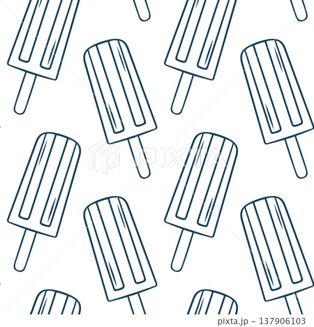 Mediterranean blue line doodle pattern featuring rows of fruit ice popsicles. Minimalist frozen dessert repeat for beach club branding, cafe wallpaper or summer menus Mediterranean blue line doodle pattern featuring rows of fruit ice popsicles. Minimalist frozen dessert repeat for beach club branding, cafe wallpaper or summer menus 137906103