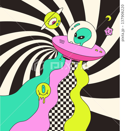 Psychedelic trippy space background with alien in UFO and optical illusion checkerboard path. Surreal retro 70s hallucinogenic poster with melting slime and floating eye planet. Vector illustration Psychedelic trippy space background with alien in UFO and optical illusion checkerboard path. Surreal retro 70s hallucinogenic poster with melting slime and floating eye planet. Vector illustration 137906220
