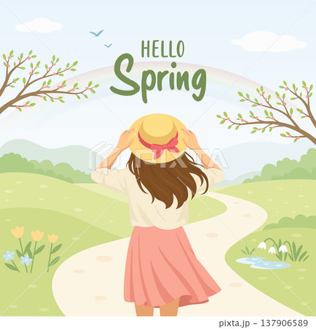 Hello Spring Landscape Illustration with Girl in Hat, Green Meadow and Blossoming Trees. Seasonal Nature Horizontal Background for Greeting Card, Poster, Banner. Springtime Scene with Woman in a Hat 137906589