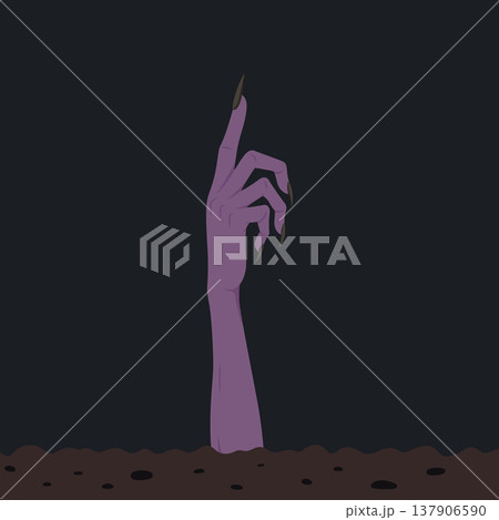 Zombie Hand Rising From Grave at Night, Vector Illustration. Spooky Halloween Concept with Creepy Arm Emerging From Ground. Horror Illustration, Scary Poster and Halloween Party Decoration Design 137906590