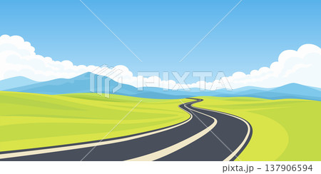 Winding Road Landscape, Cartoon Vector Illustration. Scenic Highway Through Green Hills with Blue Mountains and Clouds. Summer Countryside Square Background. Curved Asphalt Road Perspective Winding Road Landscape, Cartoon Vector Illustration. Scenic Highway Through Green Hills with Blue Mountains and Clouds. Summer Countryside Square Background. Curved Asphalt Road Perspective 137906594