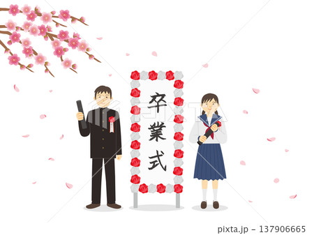 卒業式イメージした桜と立て看板と卒業証書を持った学生のイメージイラスト 137906665