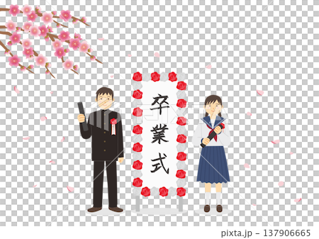 卒業式イメージした桜と立て看板と卒業証書を持った学生のイメージイラスト 137906665