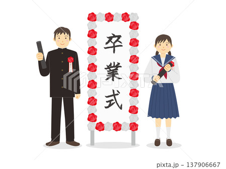 卒業式イメージした中学生と看板のイメージイラスト 137906667
