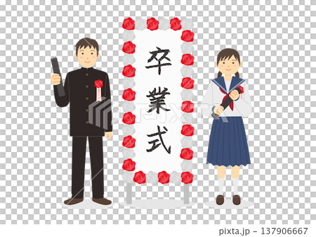 卒業式イメージした中学生と看板のイメージイラスト 137906667