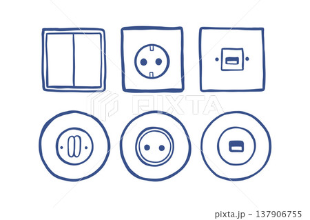 Hand drawn electrical socket and light switch vector icons set. Minimal blue line art illustration of wall outlets and switches isolated on white background. Home electricity and power concept. Hand drawn electrical socket and light switch vector icons set. Minimal blue line art illustration of wall outlets and switches isolated on white background. Home electricity and power concept. 137906755