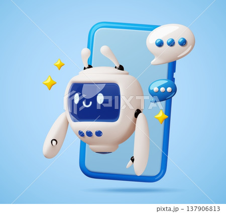 3d robot helps from smartphone. Funny android character, online assistant, digital render mascot, friendly chatbot, mobile messaging support, digital communication classy vector concept 137906813