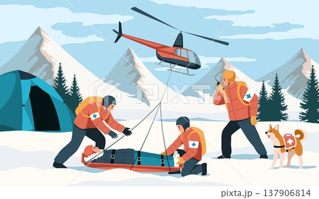 Alpine rescue service. Men in equipment transport victim in mountains, avalanche risk, helicopter picks up stretcher, emergency aid, medical transportation tidy vector cartoon flat concept 137906814