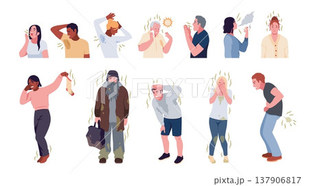 Bad smelling people. Stinky male and female characters, bad breath, problems with health and personal body care and hygiene, unpleasant odor, deodorant need tidy vector cartoon isolated set 137906817
