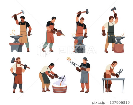 Blacksmith characters. Metal and steel workers with tools, strong men in aprons, anvil, hammer, bellows, fire and foundry, handcrafted iron production, tidy vector cartoon isolated set Blacksmith characters. Metal and steel workers with tools, strong men in aprons, anvil, hammer, bellows, fire and foundry, handcrafted iron production, tidy vector cartoon isolated set 137906819