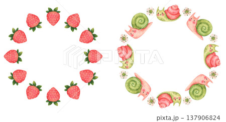 Strawberry wreath and fun wreath with funny snails. Set of two wreaths. Round frames in cartoon style with garden or forest elements. Hand-drawn watercolor illustration isolated on a white background 137906824