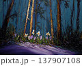 Impressionist painting of daffodils and crocuses in a forest with tall trees 137907108