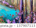 Colorful abstract oil painting with vibrant flowers and textured brush strokes in 137907113