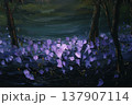 Purple flowers blooming in dark forest with trees and soft light illuminating 137907114