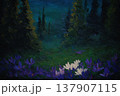 Vibrant oil painting of purple and white flowers in lush green forest 137907115