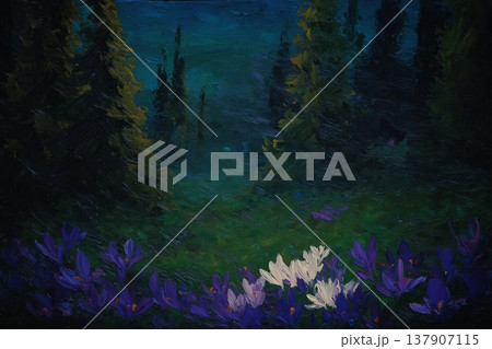 Vibrant oil painting of purple and white flowers in lush green forest 137907115