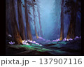 Enchanted forest scene with tall trees and glowing flowers in misty atmosphere 137907116