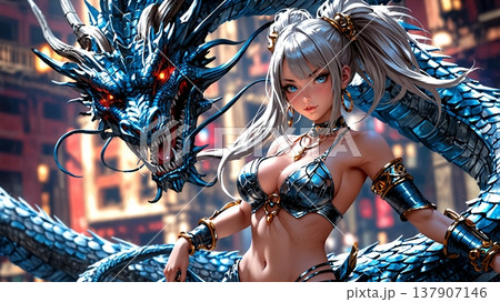 銀髪戦士と炎纏う龍が睨み合う迫力の戦場 137907146