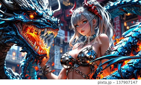 銀髪戦士と炎纏う龍が睨み合う迫力の戦場 137907147