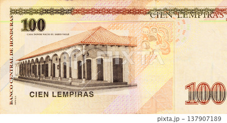 Honduras currency, Honduran banknote of 100 lempiras denomination issued by Banco Central De Honduras. Honduras currency, Honduran banknote of 100 lempiras denomination issued by Banco Central De Honduras. 137907189