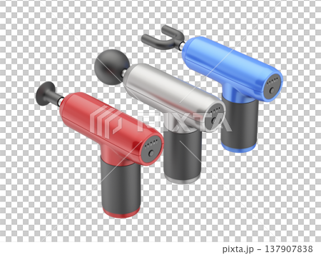 Three massage guns with different colors and massage heads 137907838