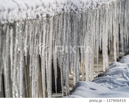 Transparent icicle on a gray background with copy space Transparent icicle on a gray background with copy space 137908418
